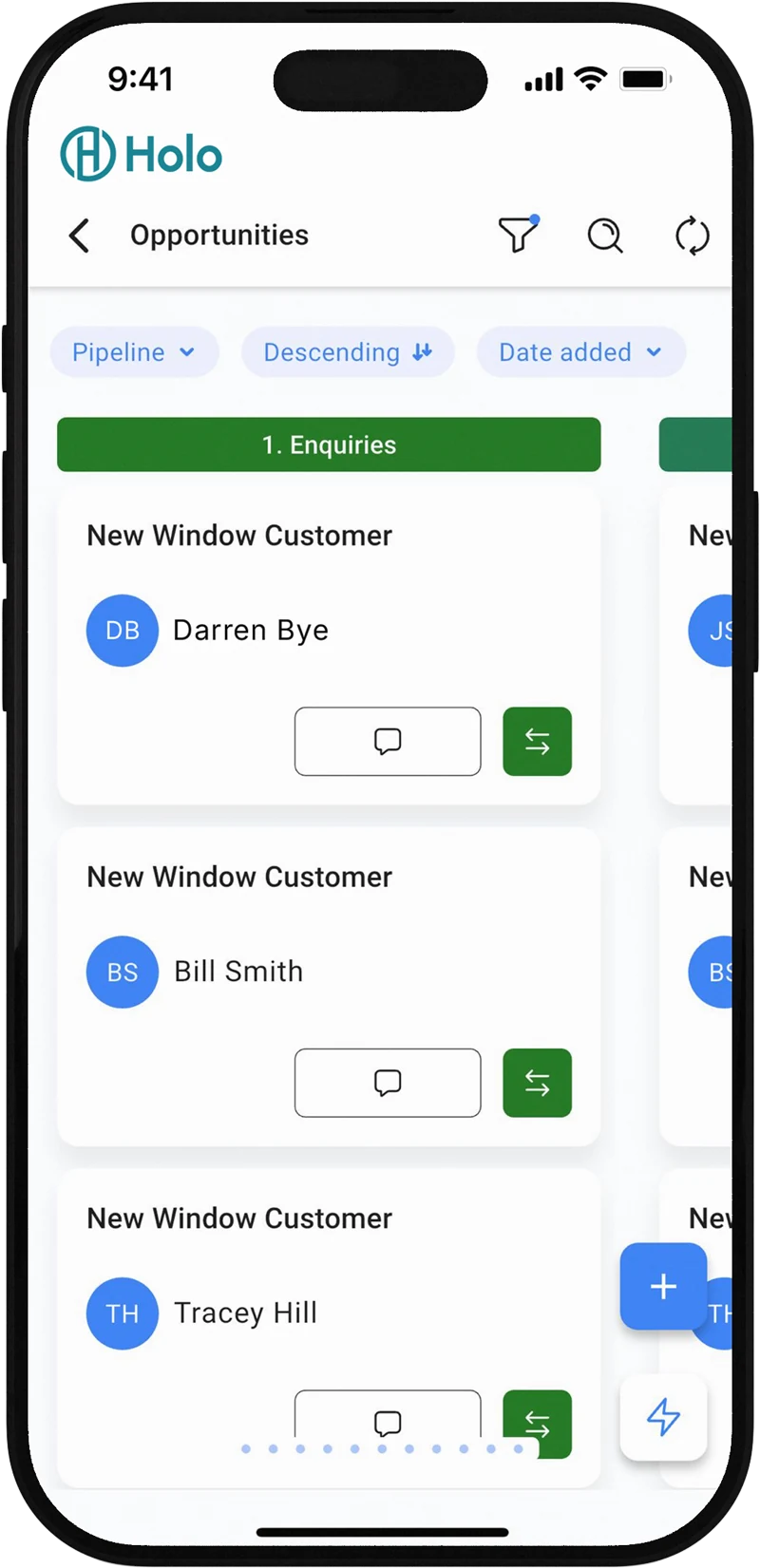 The HoloHub app showing new opportunities and booked appointments on a phone