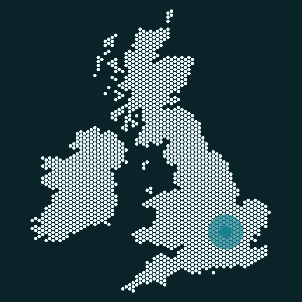 A dotted map of the UK marking the towns a home improvement firm can rank in