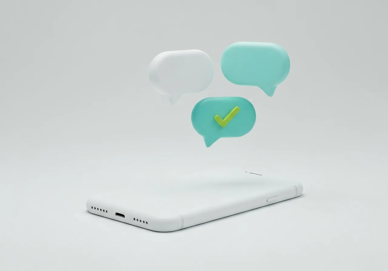 Chat bubbles with a green tick floating above a phone, representing a website chatbot answering an enquiry